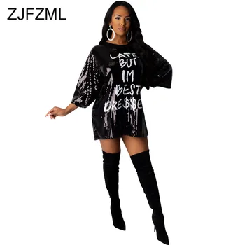 

Letter Print Elegant Sequin Mini Dress For Women Round Neck Half Sleeve Club Party Dress 2020 Summer Plus Size Package Hip Dress