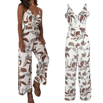 

Women Leaf Print Jumpsuit Jumper Casual Loose Sling Rompers Party Holiday FS99