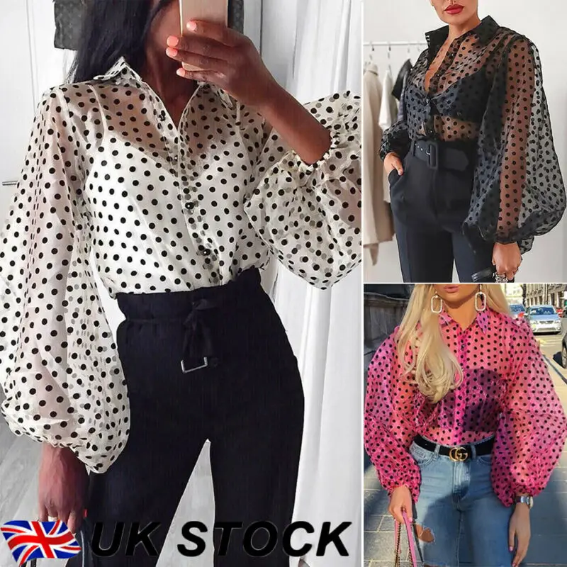 

Women Polka Dot Mesh Sheer See-through Long Puff Sleeve Tops Blouse Tee Shirts