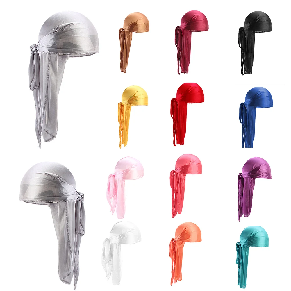 2020 Trendy Silky durag Headwraps With Long Tail Wave Caps for Men Durags Hip Hop Headband Doo Rag Turban Hat New Arrival |