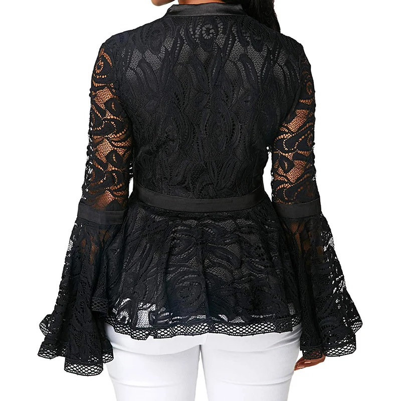 Women Lace Sexy Hollow Out Flared Sleeve Blouses Lady Black Patchwork Print Shirts Blusas Mujer De Moda