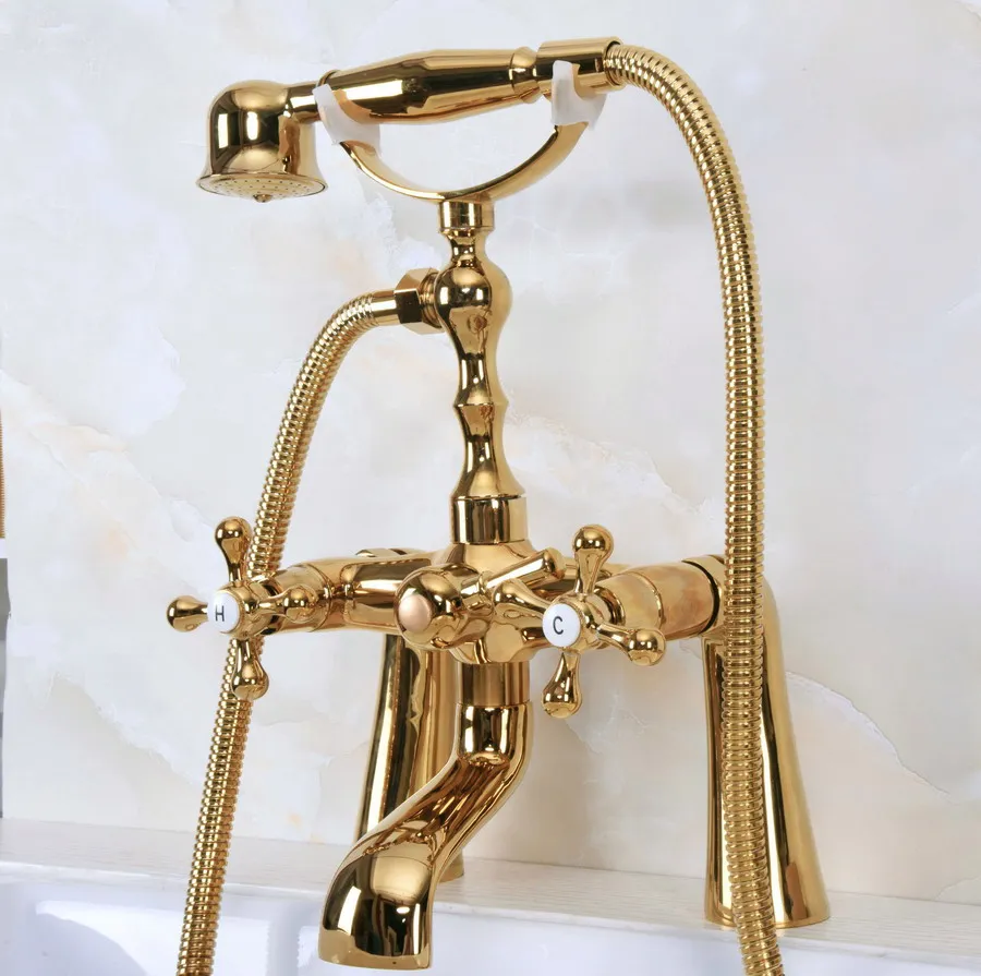 

Gold Color Brass Deck Mount Bathroom Tub Faucet Dual Cross Handles Telephone Style Hand Shower Clawfoot Tub Filler ana151