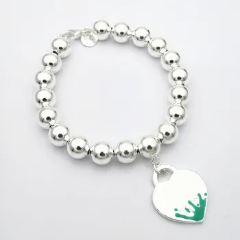 

1: 1 sterling silver 925 classic fashion exclusive blue enamel water flower heart-shaped 8mm round beads ladies bracelet