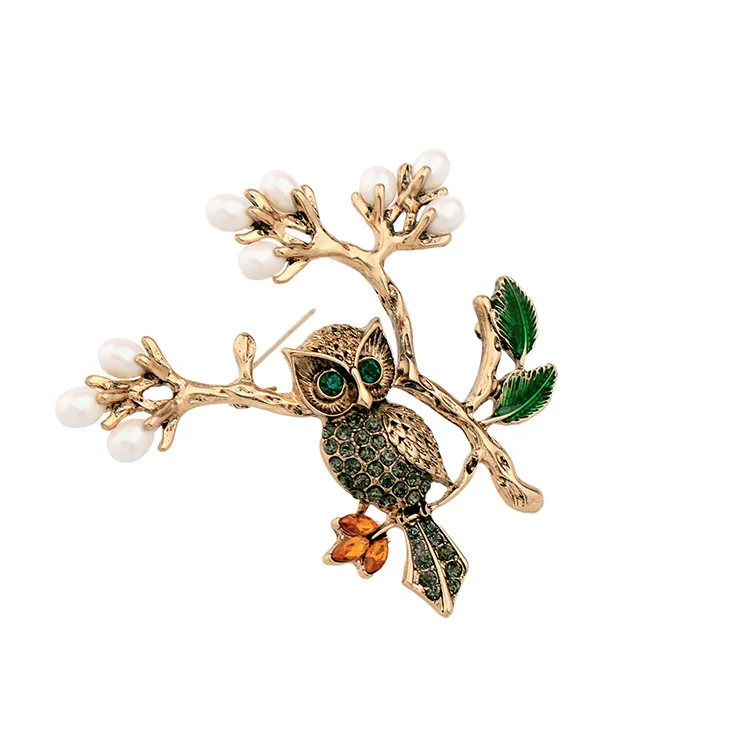 

Wholesale Vintage Alloy Pearl Crystal Cute Owl Exaggerated Lady Brooch