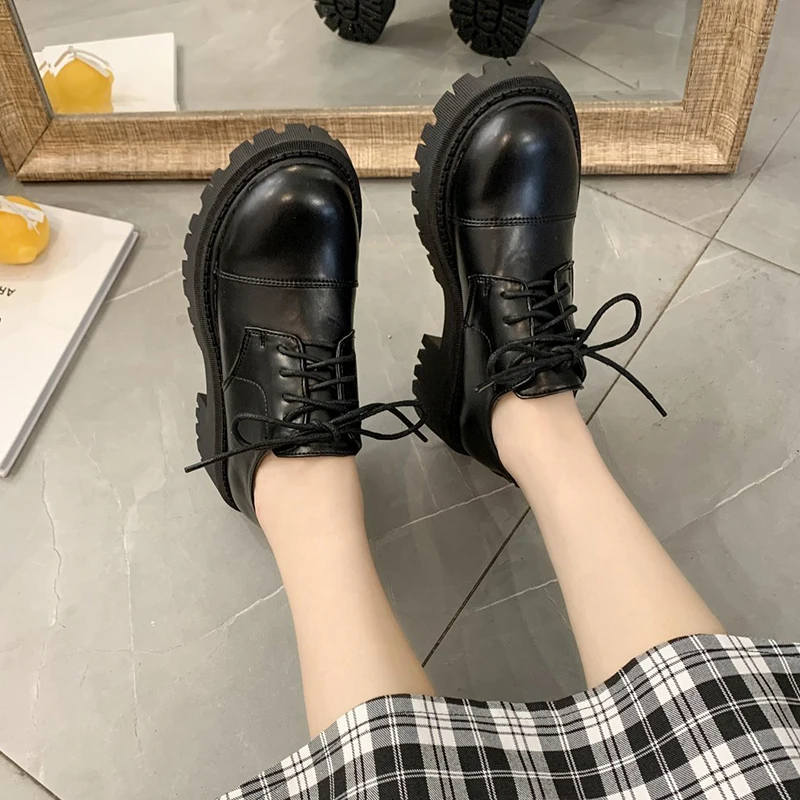 2021 New Women's Oxford Slippers Round Head Black Shoes Lace Up Flat Shoes Women's Thick Soled Shoes Gothic Platform