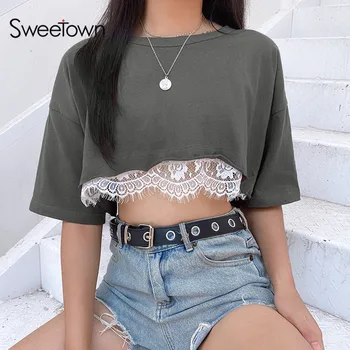 

Sweetown Lace Patchwork Summer Crop Top Shirt Femme Korean Fashion Casual Leisure Outfit Short Sleeve O-neck T Shirt Streetwear