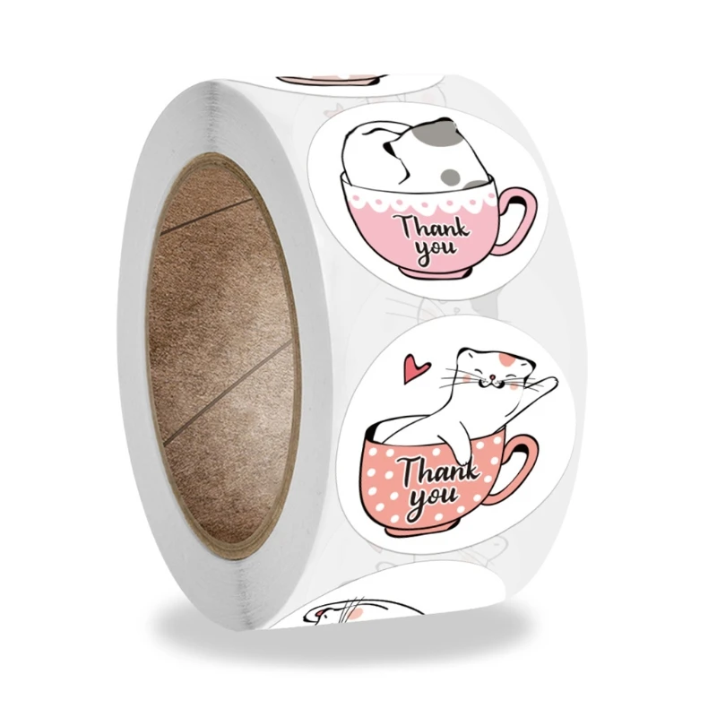 

500Pcs/Roll Cute Kitty Round Thank You Stickers Party Gift Packaging Labels W8ED