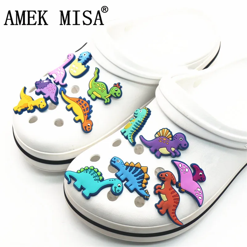 Kinear 12pcs Shoe Charms with 4pcs Shoe Lace Adapter Novelty Cute Dinosaurs Shoe Accessories Shoe Buckle Decoration for croc jibbitz Kids Party X-mas Gift