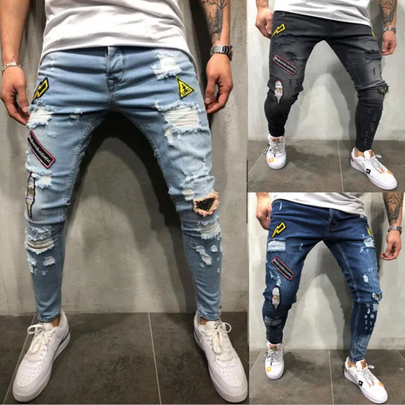 Новые мужские Модные джинсы с дырками, тонкие трендовые джинсы с царапинами, джинсы высокого качества, стрейчевые, с дырками, обтягивающие, для верховой езды, с заплатками, с принтом