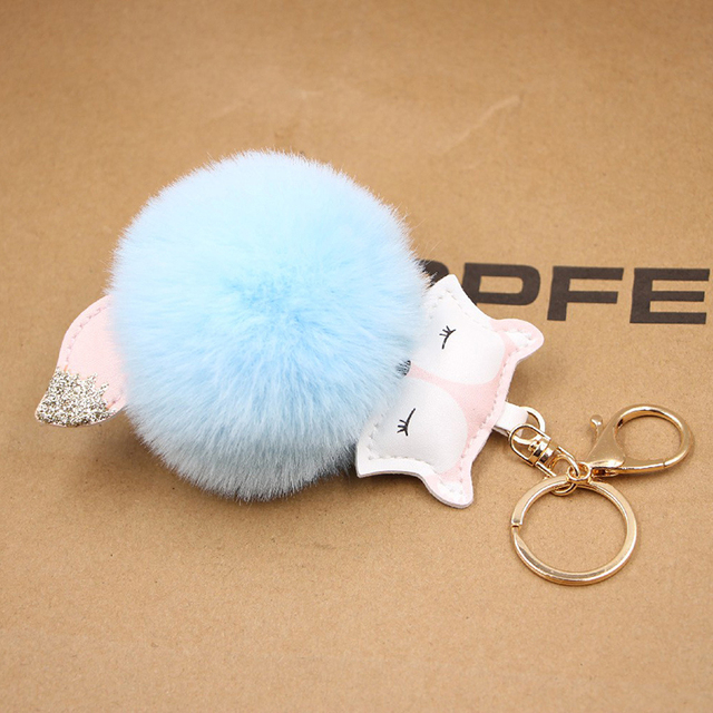 Ball Keychain Charm Key Ring Cute Leather Fox Keyring Plush Fluffy Pompom Faux Rabbit Fur Ball Bag Car Key Charms Accessory
