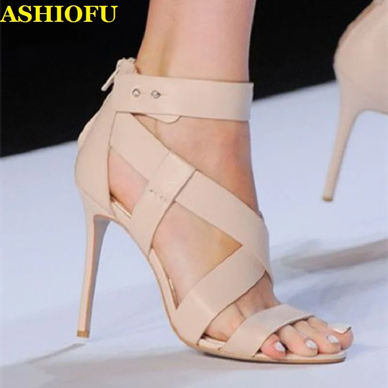 

ASHIOFU Handmade New Ladies High Heel Sandals Cross-straps Party Prom Summer Shoes Large Size Evening Fashion Sandals Sexy Shoes
