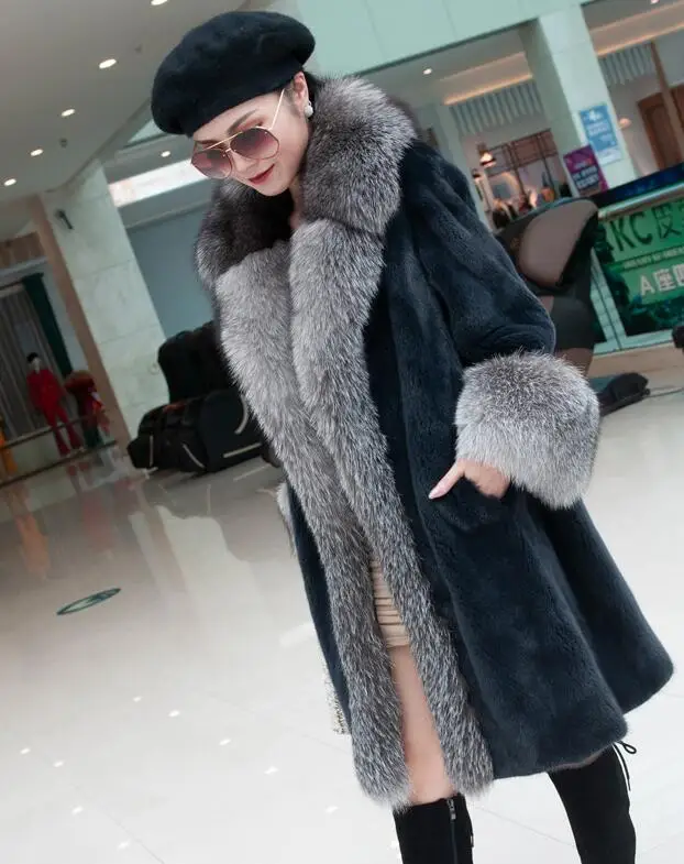 New women's natural real import mink fur coat with fox fur collar outwear Long