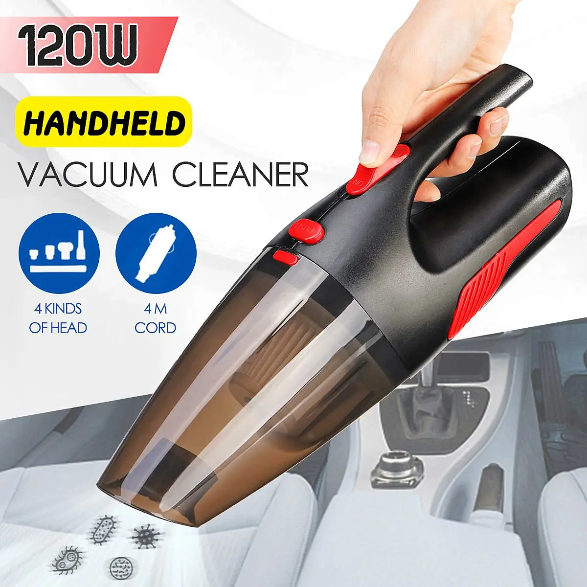 

Portable 4m Cord length Handheld Car Vacuum Cleaner Wet/Dry Vaccum Cleaner for Car Home 120W 12V 5000PA