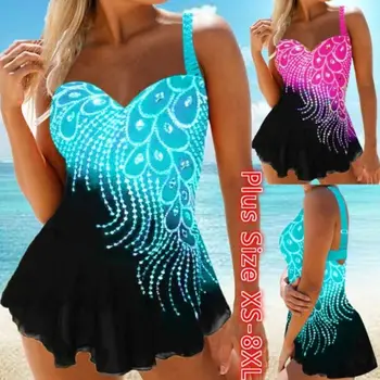 

Women Feather Print Tankini Summer Beach Padded Swimwear Halter Two Piece Swimsuit High Waist Bathing Suit Plus Size S-8XL 2020