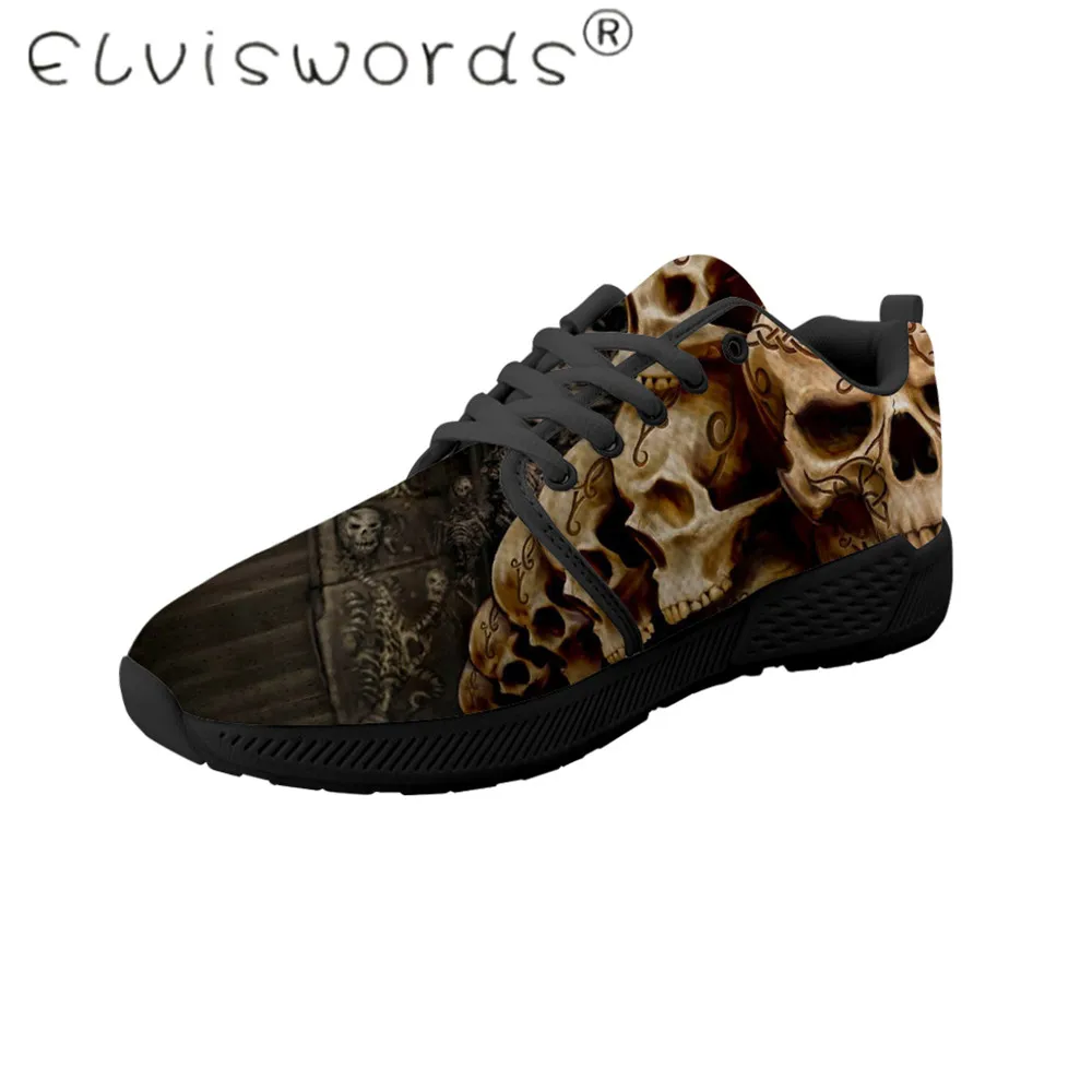 

ELVISWORDS 2019 Running shoes Print on demand Male shoes Skull pattern cusual Black sneakers comfortable light shoes for men