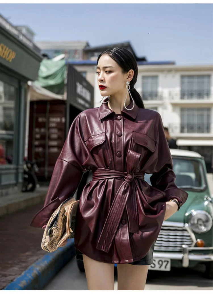 Большой размер мода Свободный Карманный, из искусственной кожи куртка для женщин карман большой размер длинный рукав повседневное шикарное длинное кожаное пальто с поясом PY80
