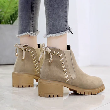 

Fashion Womens Ankle Boots Round Toe Pull On Shoes Apricot Black High Heels Shoes Suede U3