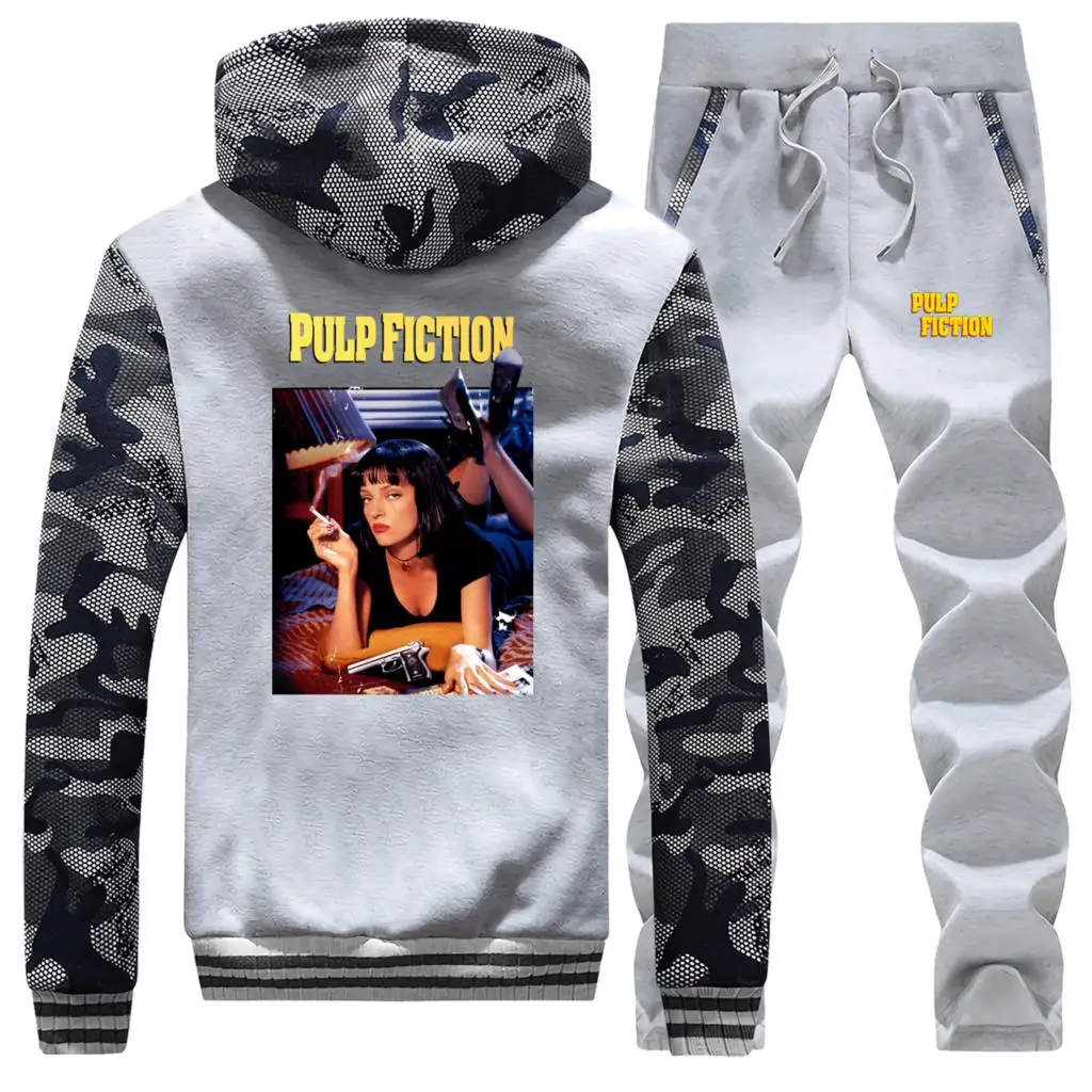 Pulp fiction, мужская зимняя куртка+ штаны, комплекты из 2 предметов, Забавный принт, толстовки, теплый плотный флис, толстовки, набор, мужской модный спортивный костюм