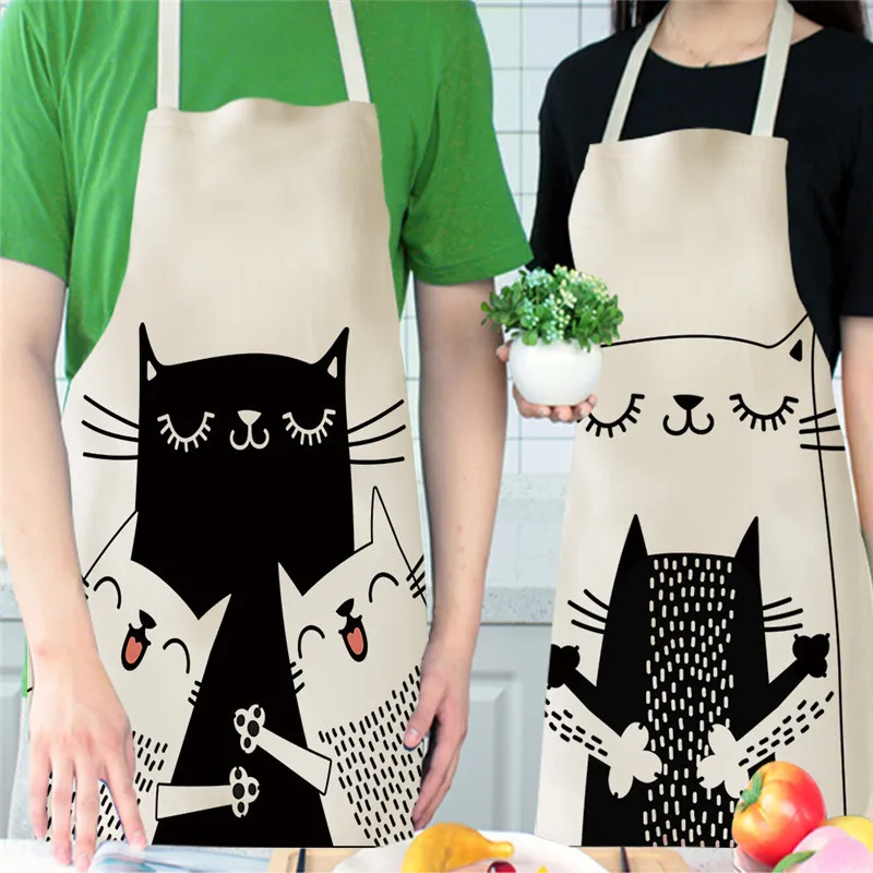 Cute Cat Pattern Kitchen Aprons Women Adult Kids Black White Cartoon Cat Cotton Linen Bibs Home Cooking BBQ Apron
