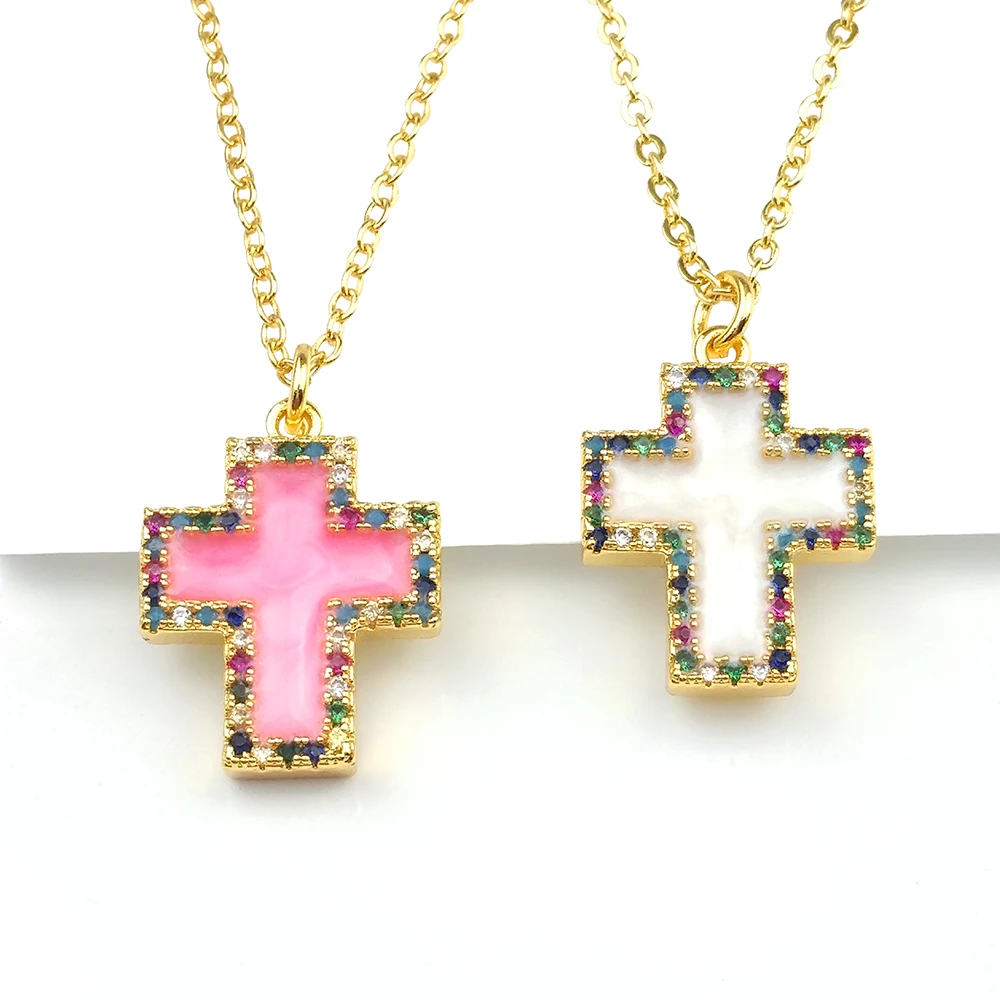 

Pink White Enamel Cross Necklace Women Jesus Christian Gold Filled Rainbow Necklace Cubic Zirconia Jewelry collar cruzar