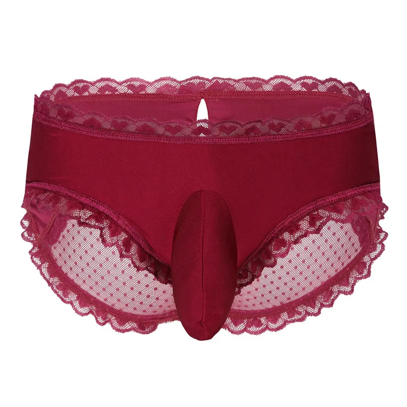 Wine Red Мужское нижнее белье SISSY с рюшами и кружевной отделкой в горошек, прозрачные сетчатые трусы-бикини с выпуклостью сзади, сексуальные трусы для геев с низкой посадкой - Цвет: Wine Red