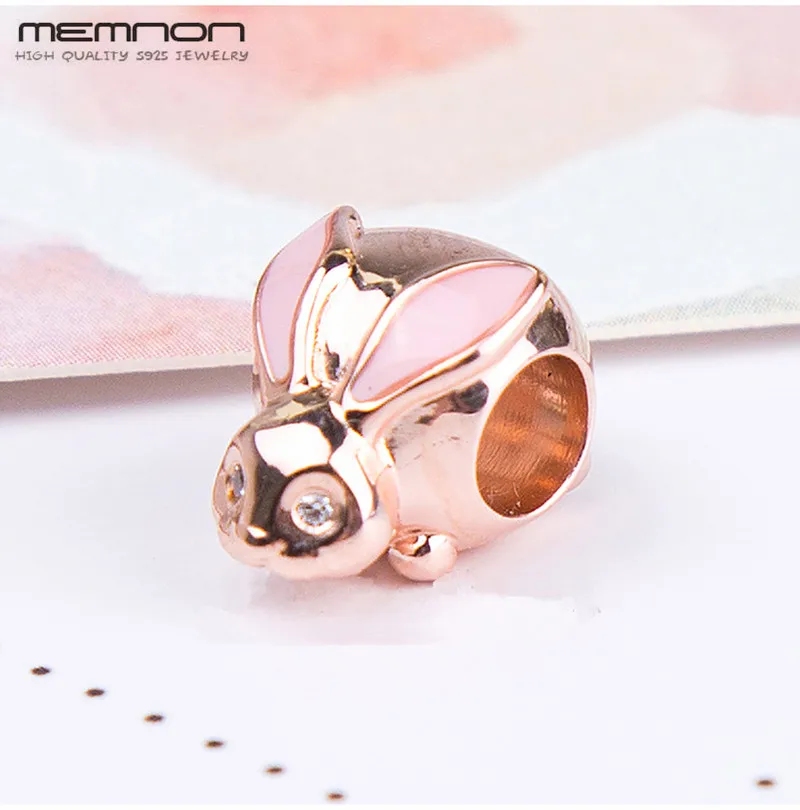 

Memnon spring Cute Bunny charms with rose fit 925 sterling silver charm beads bracelets necklaces DIY for women Jewelry BE1232