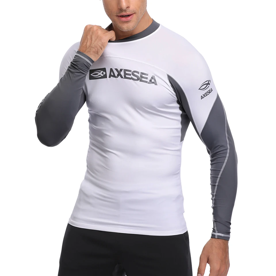 AXESEA Men Rash Guard Patchwork Swimwear Long Sleeve Rashguard Sun Protection Swimsuit Surfing Shirt Top UPF50+ Sport Beachwear