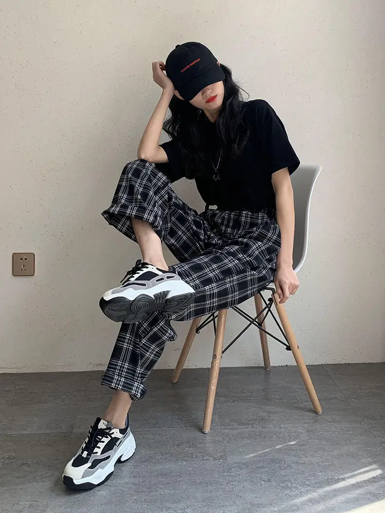 HOUZHOU Checked Black Loose Pants Women2020 Korean Style Plus Size Joggers Women Pants in a Cage For Trousers Women