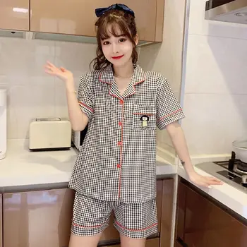 

Summer Short-sleeved Sleepwear Suit Thin Plaid Nightwear Loose Ladies Sweet Cute Pajamas
