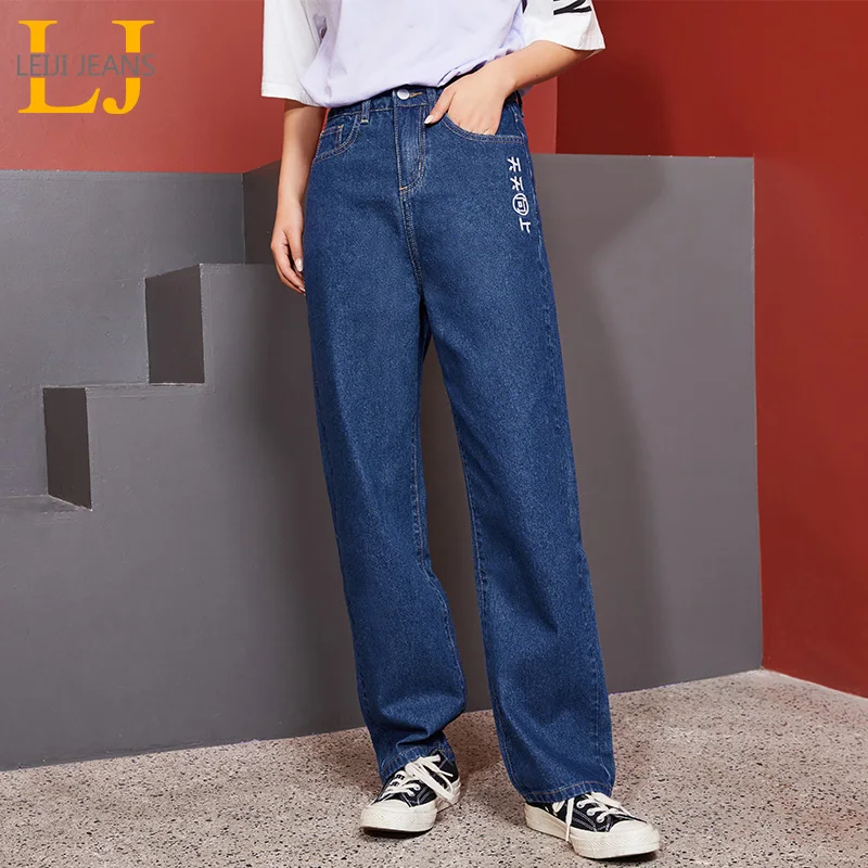 Женские длинные прямые джинсы LEIJIJEANS, молодежные джинсы с высокой посадкой и китайской вышивкой, новая модель 9103 большого размера
