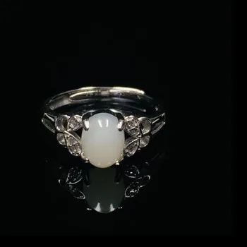 

Chinese Style Natural Hetian White Jade Ring High Quality Gems 6*8mm Real 925 Sterling Silver Ring For Women Wedding Jewelry