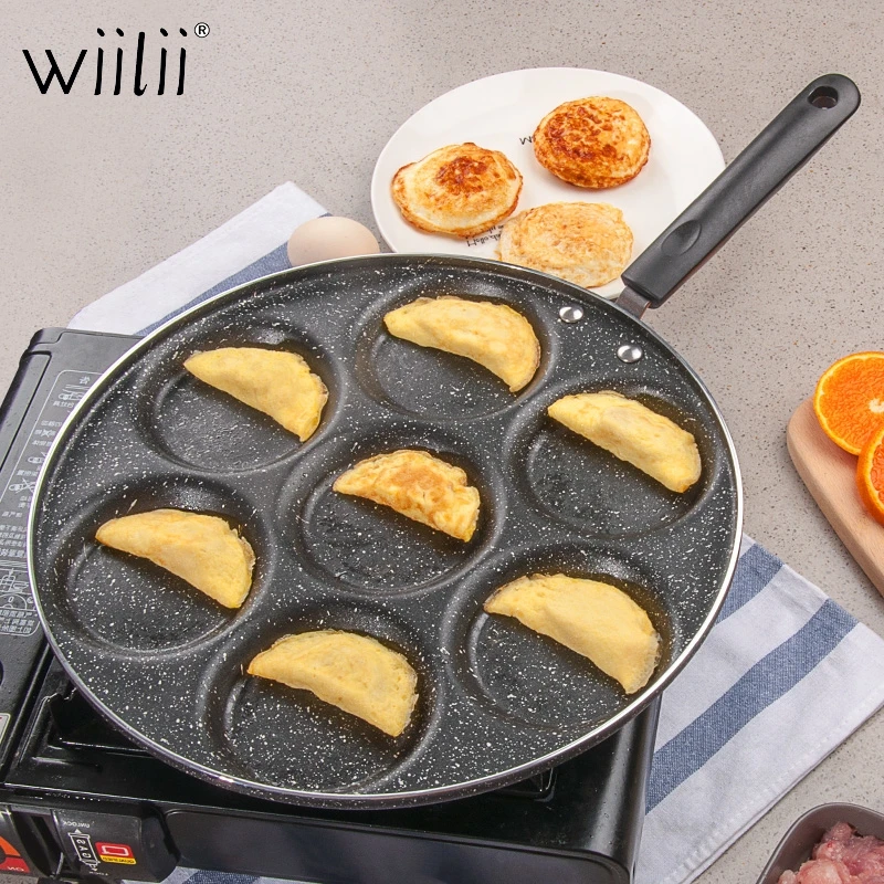 

7 Holes Egg Frying Pan Omelet Cooker Griddle Pan Nonstick Silver Dollar Pancake Maker Coating Cookware With Induction Bottom