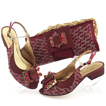 

Most fashion wine medium heel sandal shoes matching with evening bag set for wedding MM1112, heel height 3.8cm