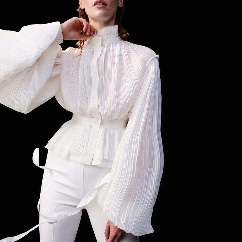 

2020 new turtleneck lantern sleeves pleated single breasted high waist vintage office lady shirt female blouse