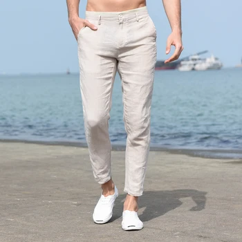 

Men Spring High Quality Fashion Japan Style Harajuku 100% Linen Slim Fit Ankle Length Simple Design Male Casual Straight Pant