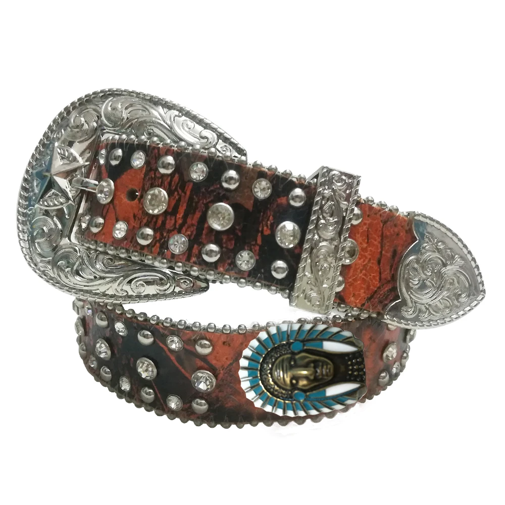 Indian cheif Conchos Western Rhinestone Orange Red Camo Horse Ridding Crystal Cowgirl Belt