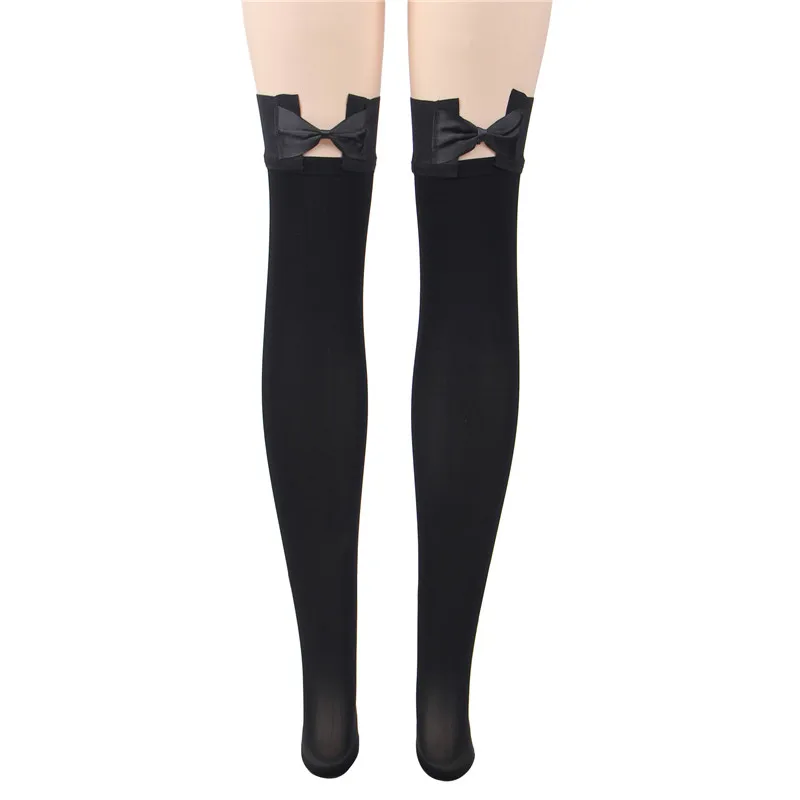 Black Satin Bow Tie Stockings - Women's Solid Hue Thigh Highs for Valentine's Day - Over The Knee Socks by Comeondear image 5