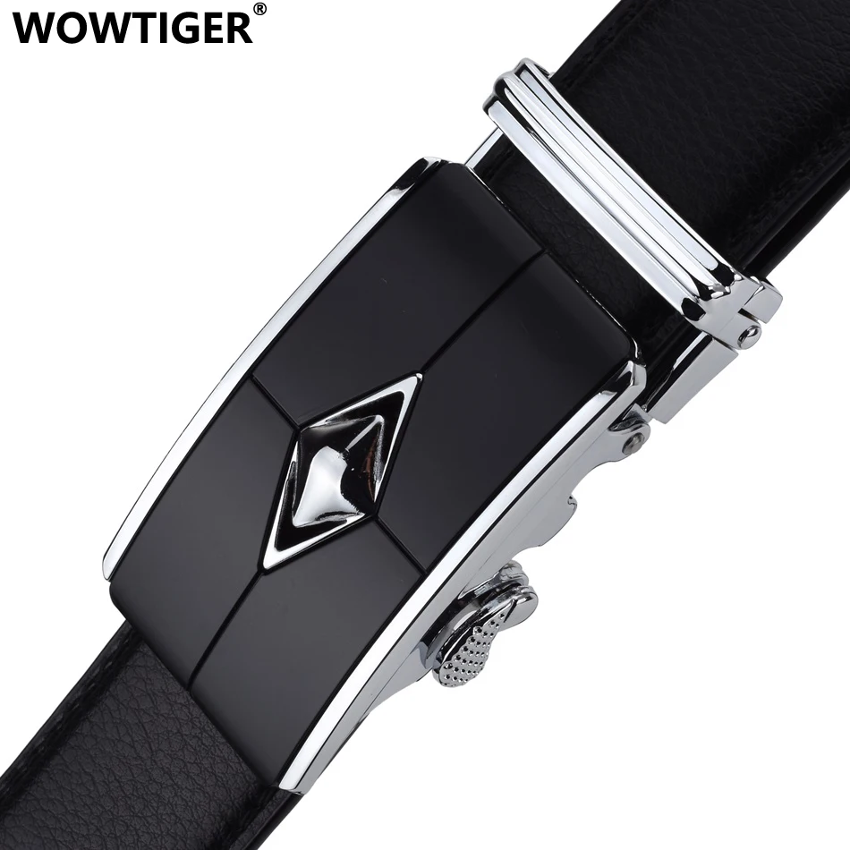 Мужской ремень с автоматической пряжкой WOWTIGER черный брендовый из воловьей кожи