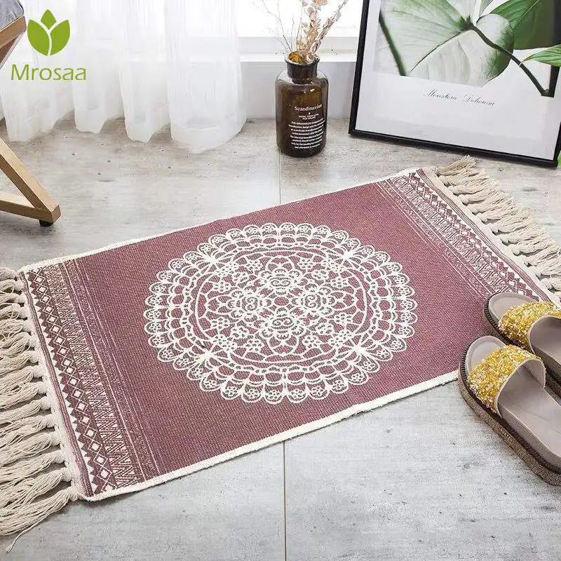 

Hot Sale Retro Bohemian Hand Woven Cotton Linen Carpet Tassel Bedside Rug Geometric Floor Mat Living Room Bedroom Home Decor
