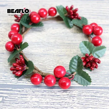 

Red Candle Fake Berries Artificial Flowers Rings Resin Christmas DIY Home Garden Decoration Handmade Garland With Green Leaves