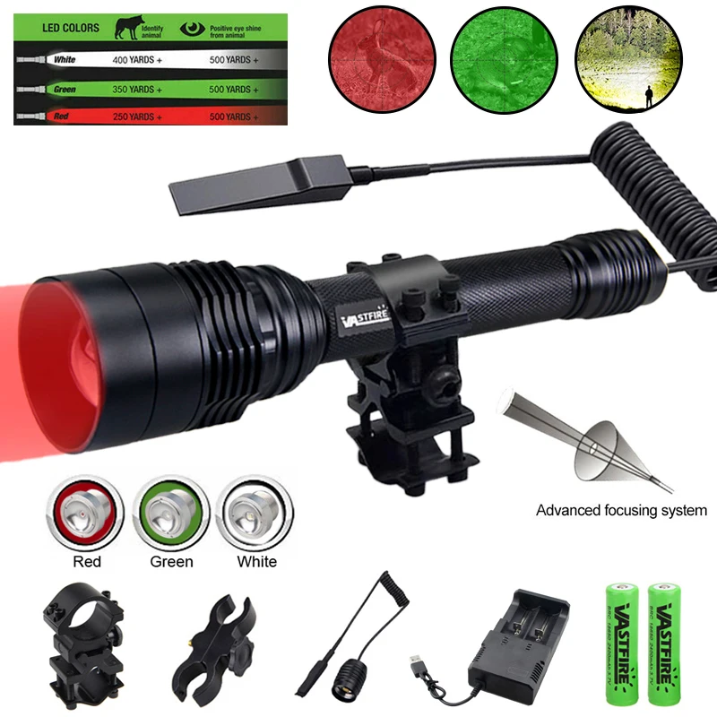 TRENDING! Green/Red/White Hunting Flashlight 500 Yards Tactical Torch Water Resistant Zoomable Rifle Lantern with Scope Mount