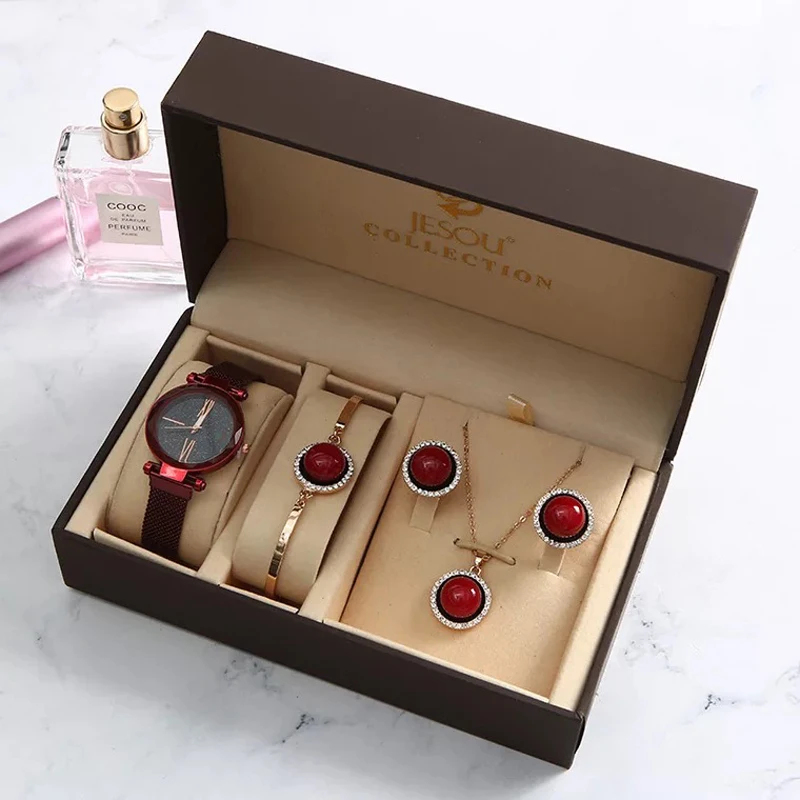 Red Новые модные женские часы, набор, Роскошные Жемчужные бриллиантовые серьги, ожерелье, браслет, набор для девушек, звездное небо, Wacth для женщин, подарок на день Святого Валентина - Цвет: Red