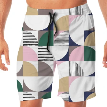 

Men Casual Summer Hawaiian Beach Pants Half Trousers Mid-Century Tiles Navy Green Pink