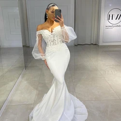 Eightree Sexy Wedding Dresses White Applique Satin Bride Dress 2022 Mermaid Puff Sleeve Princess Wedding Evening Gowns Plus Size