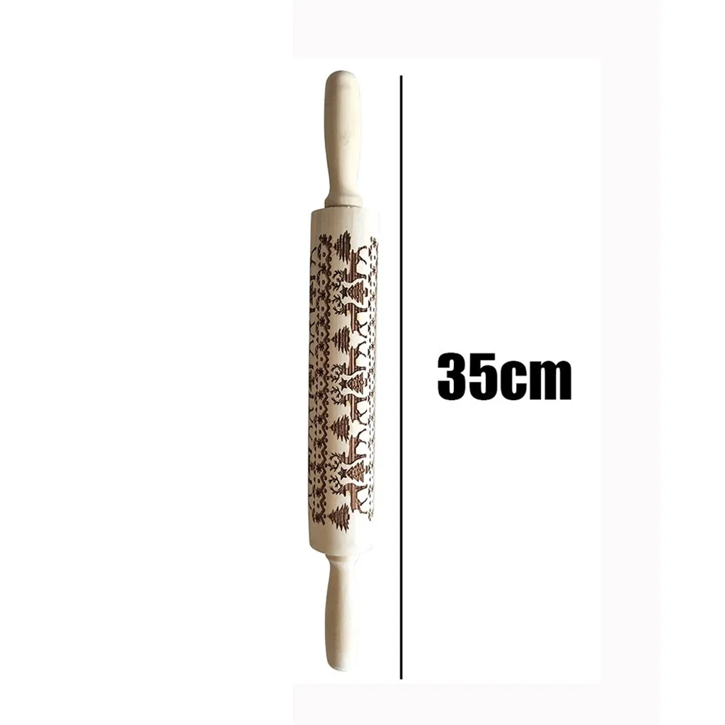 Wooden Handle Rolling Pin Embossing Christmas Engraved Carved Wood Tree Baking Cookies Biscuit Dough Rolling Pin Kitchen Tool#45