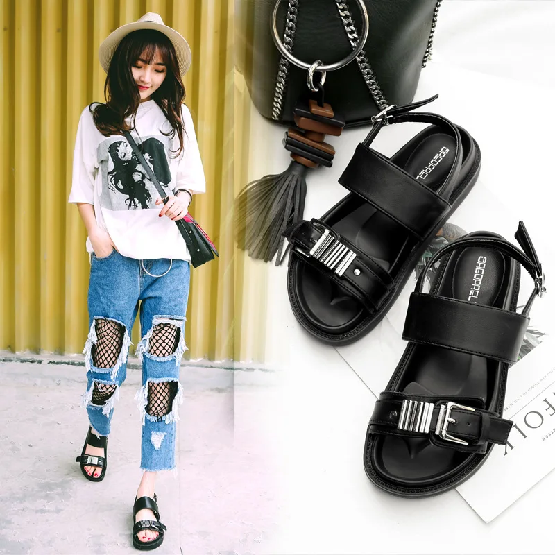 

Flat Sandals Female Summer 2019 New Style South Korea Simple Gladiator Sandals Metal A- line with Students Versatile WOMEN'S Fla