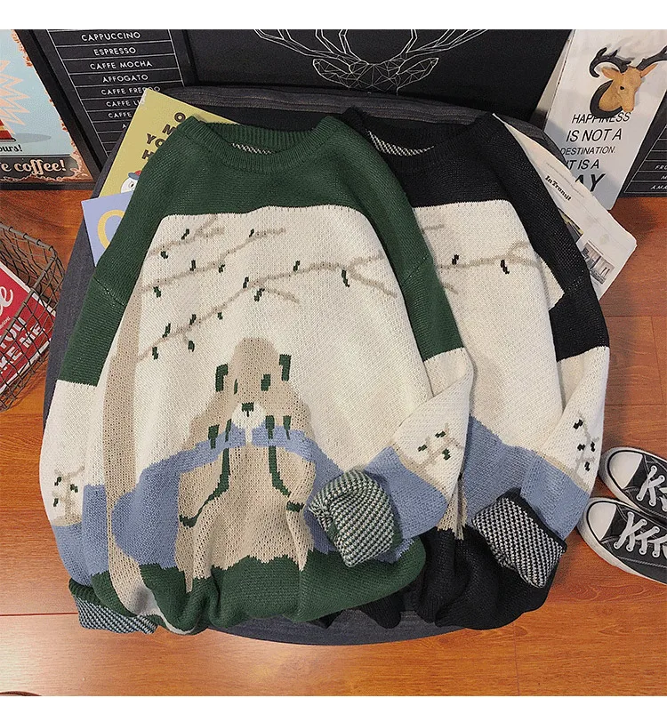 Autumn Mens New Skulls Print Sweater Hip Hop Sweater Cotton Loose Streetwear Oversized Mens Fashion Turtleneck Pullover Top