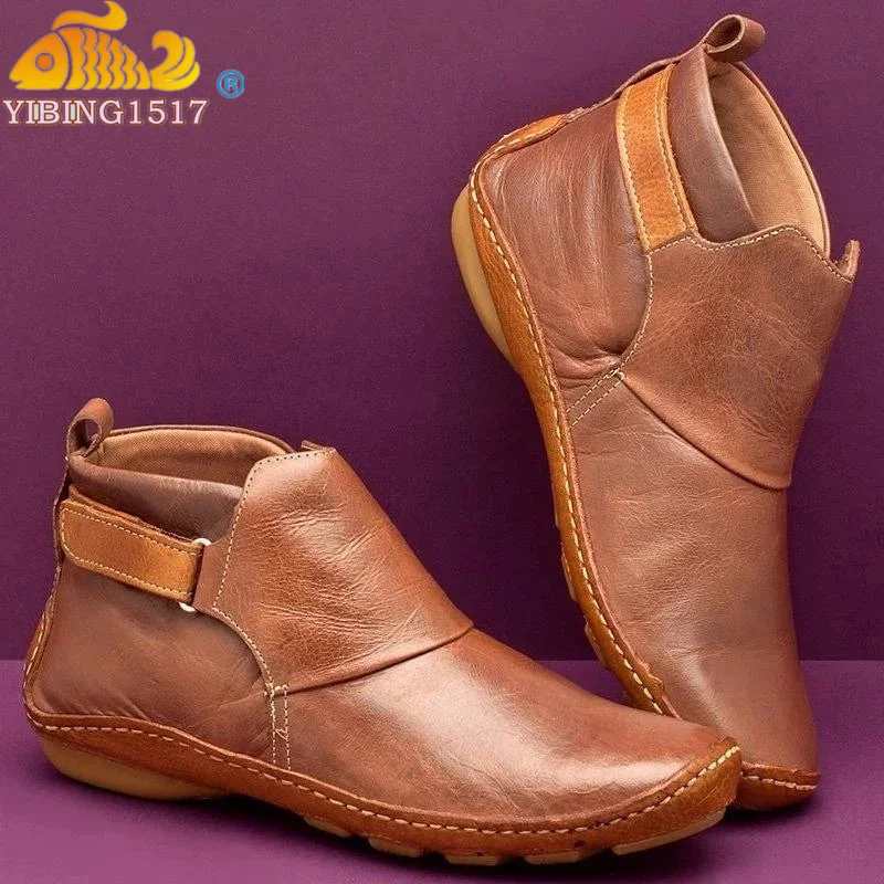 

Women Retro Flat Ankle Boots Female Soft Bottom Non Slip hook Shoes Ladies Solid Women's Boots Hook & Loop Woman Footwear