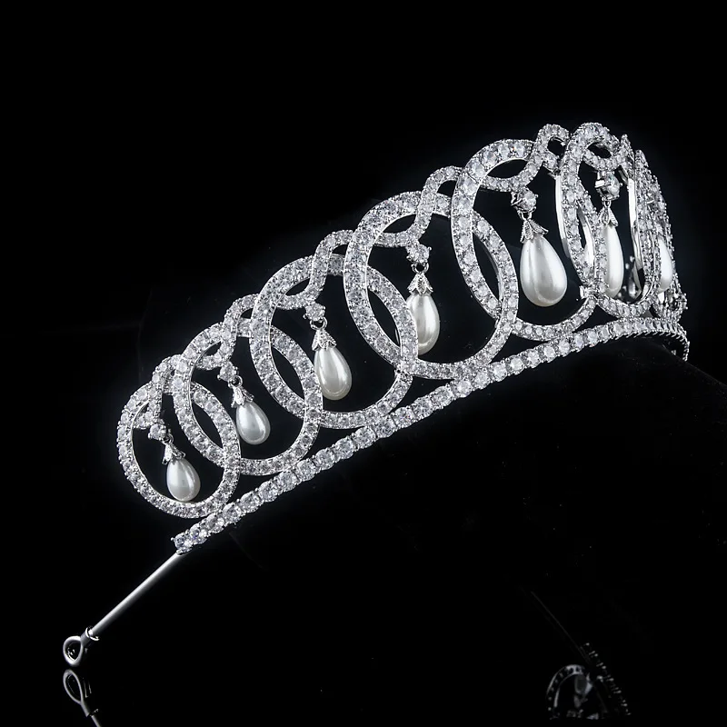 13,5 дюймов Elizabeth Pearl Tear Crown Высокая чистота экологически латунь AAA циркон белые золотые диадемы для свадебных женщин