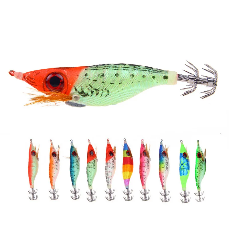 1Pcs Leuchtende Köder 9,2g 10cm Holz Garnelen Angeln Locken Tintenfisch Jig Große Augen Octopus Tintenfisch Künstliche harte Garnelen Köder